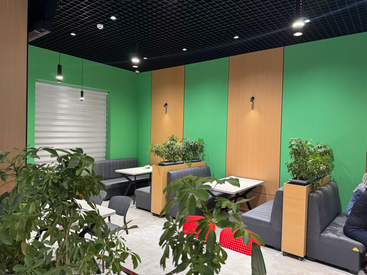 MJ Burger interyeri — yashil devorlar, yog'och panellar va o'simliklar
